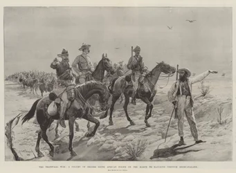 Der Transvaal-Krieg, eine Kolonne der britischen südafrikanischen Polizei auf dem Marsch nach Mafeking durch Bechuanaland